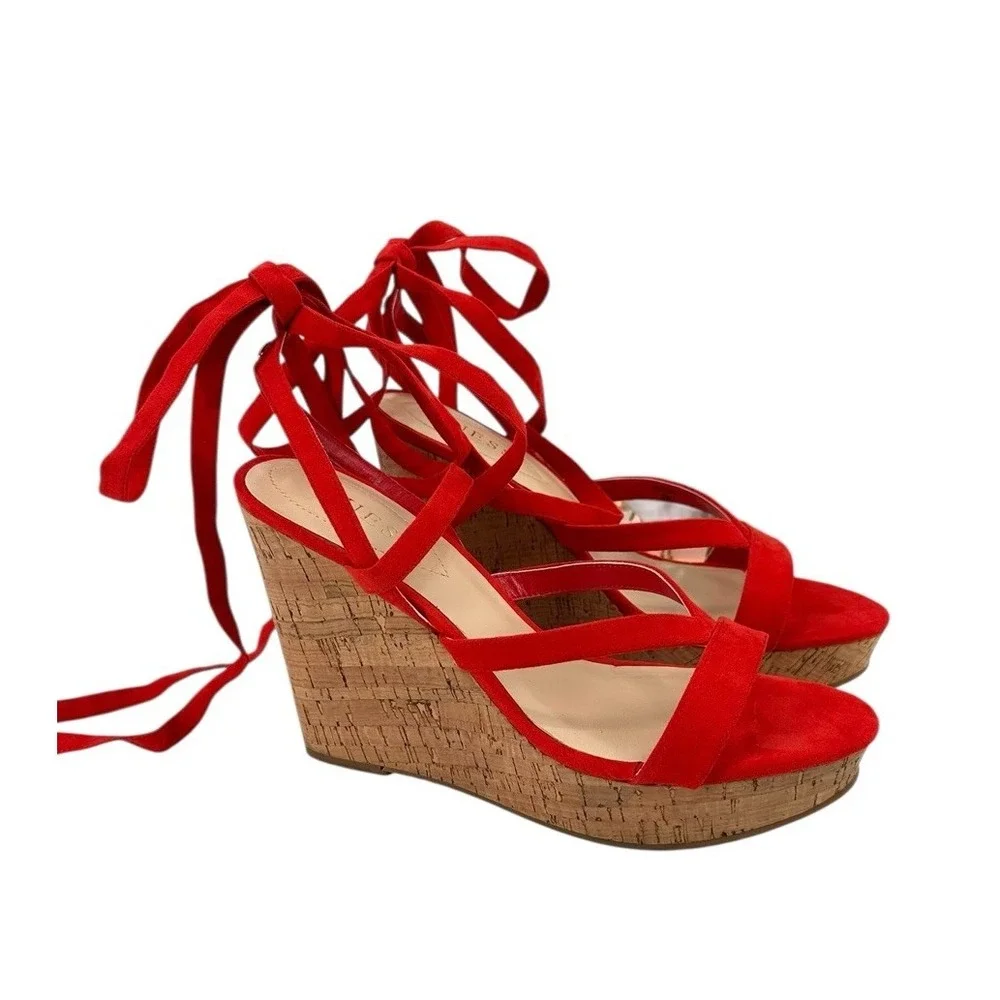 Guess Red Suede Cork Wedge Sandals